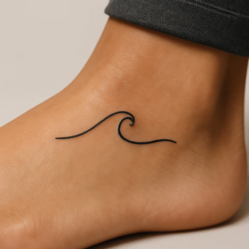 Minimalist curling wave line tattooed across the top of the foot