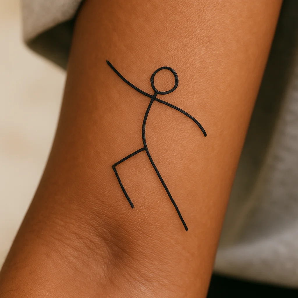 Minimalist dancing stick figure in an off-balance pose on the inner forearm