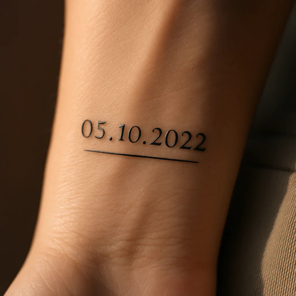 Minimalist date in small capitals above a hairline rule near the wrist