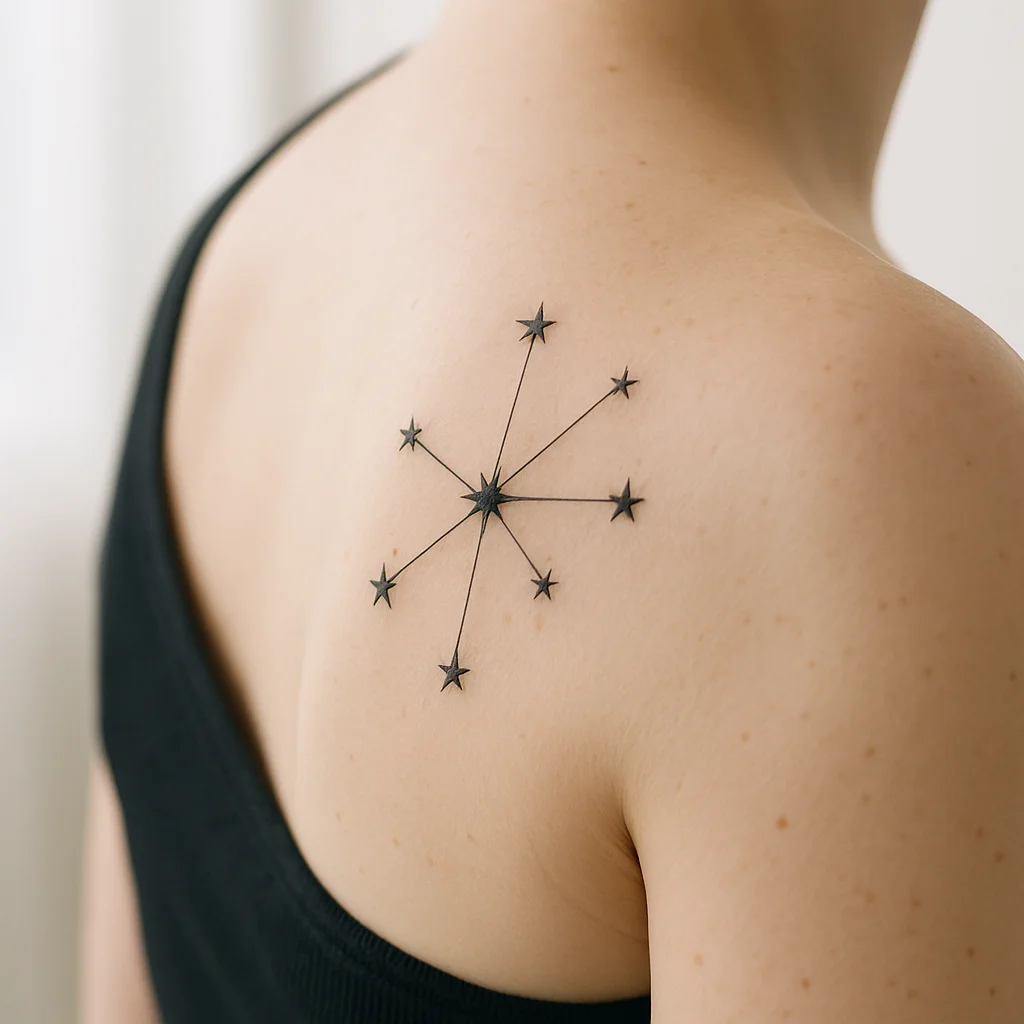 Minimalist dot-work constellation spreading across the shoulder blade