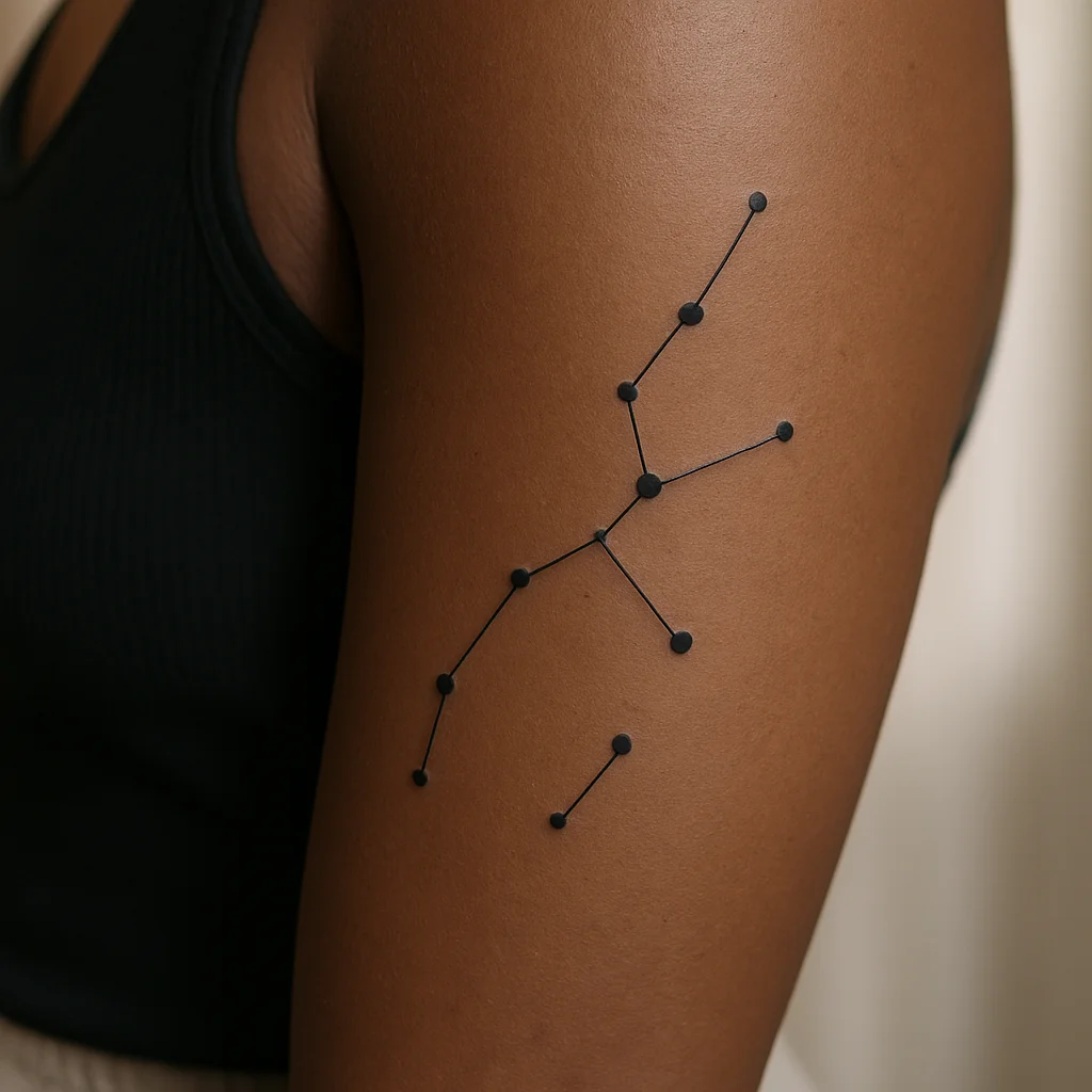 Minimalist dotwork constellation tattoo on the back of a woman's upper arm