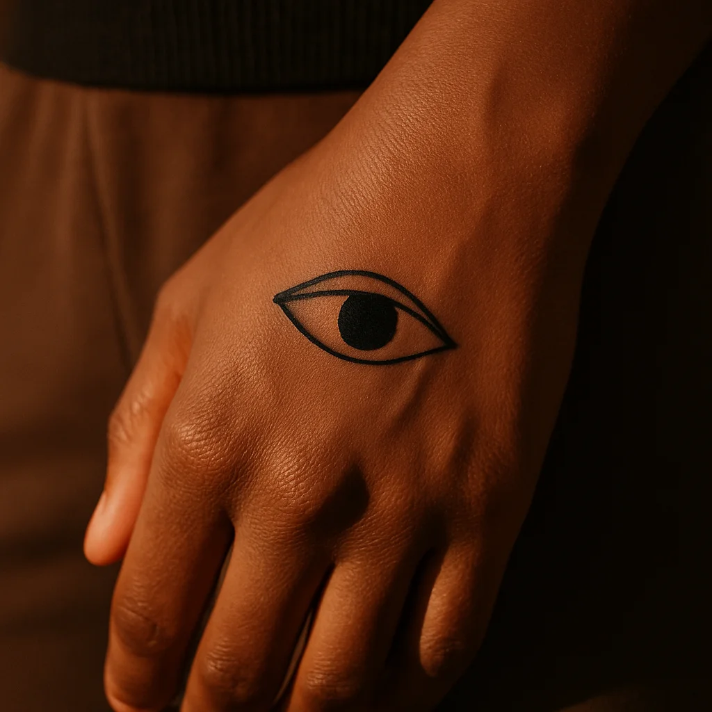 Minimalist eye tattoo with filled pupil placed in the thumb web