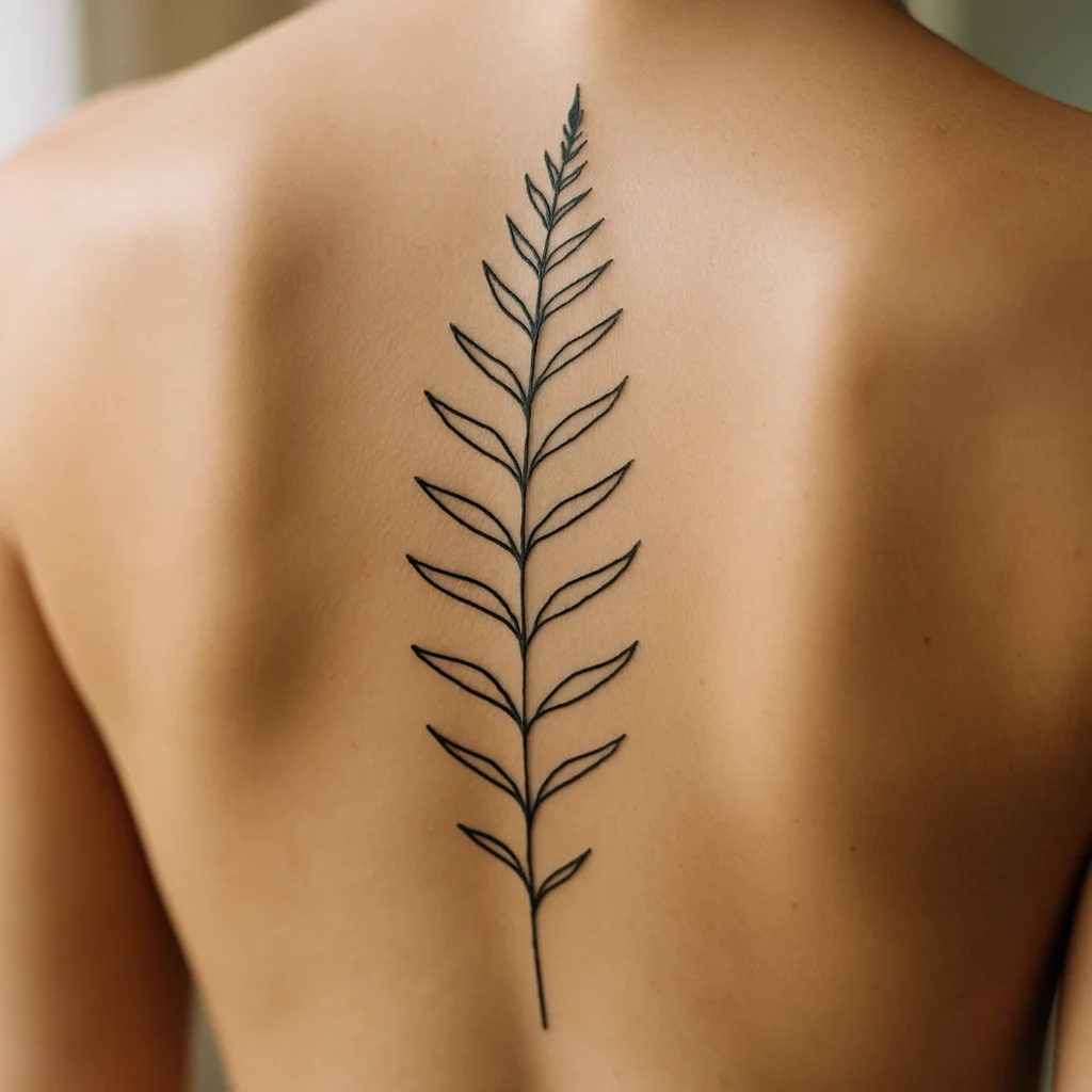 Minimalist fern frond tattoo with paired pinnae aligned to each vertebra along the spine