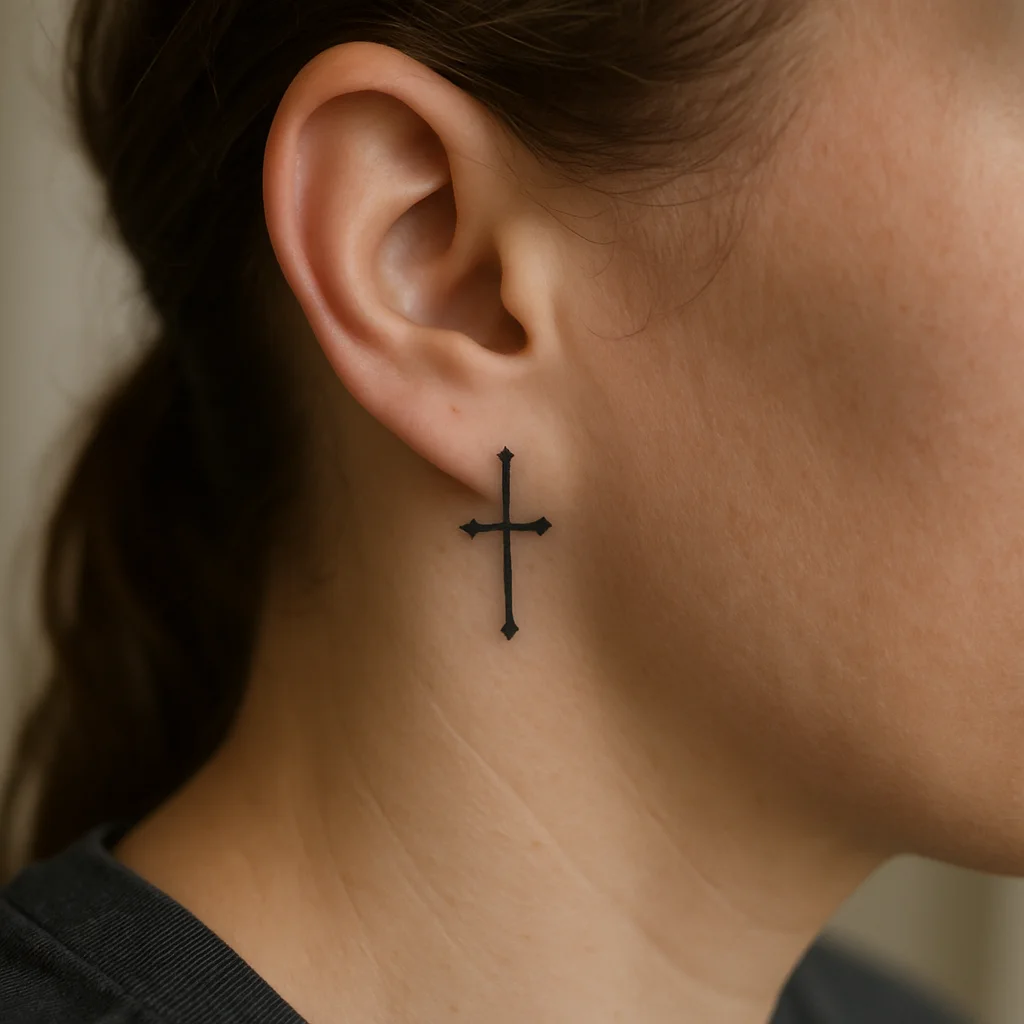 Minimalist fine serif cross tattoo placed vertically behind the ear