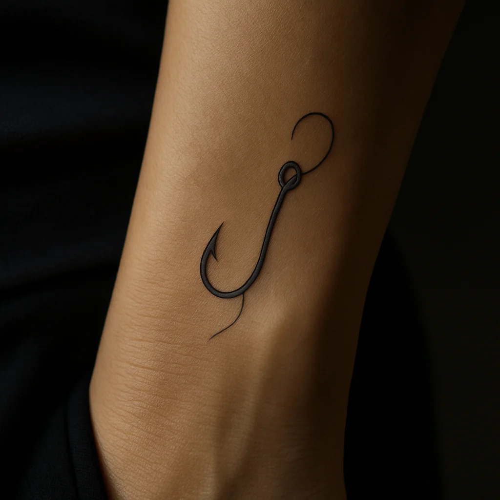 Minimalist fish hook with trailing line tattooed on the inner wrist