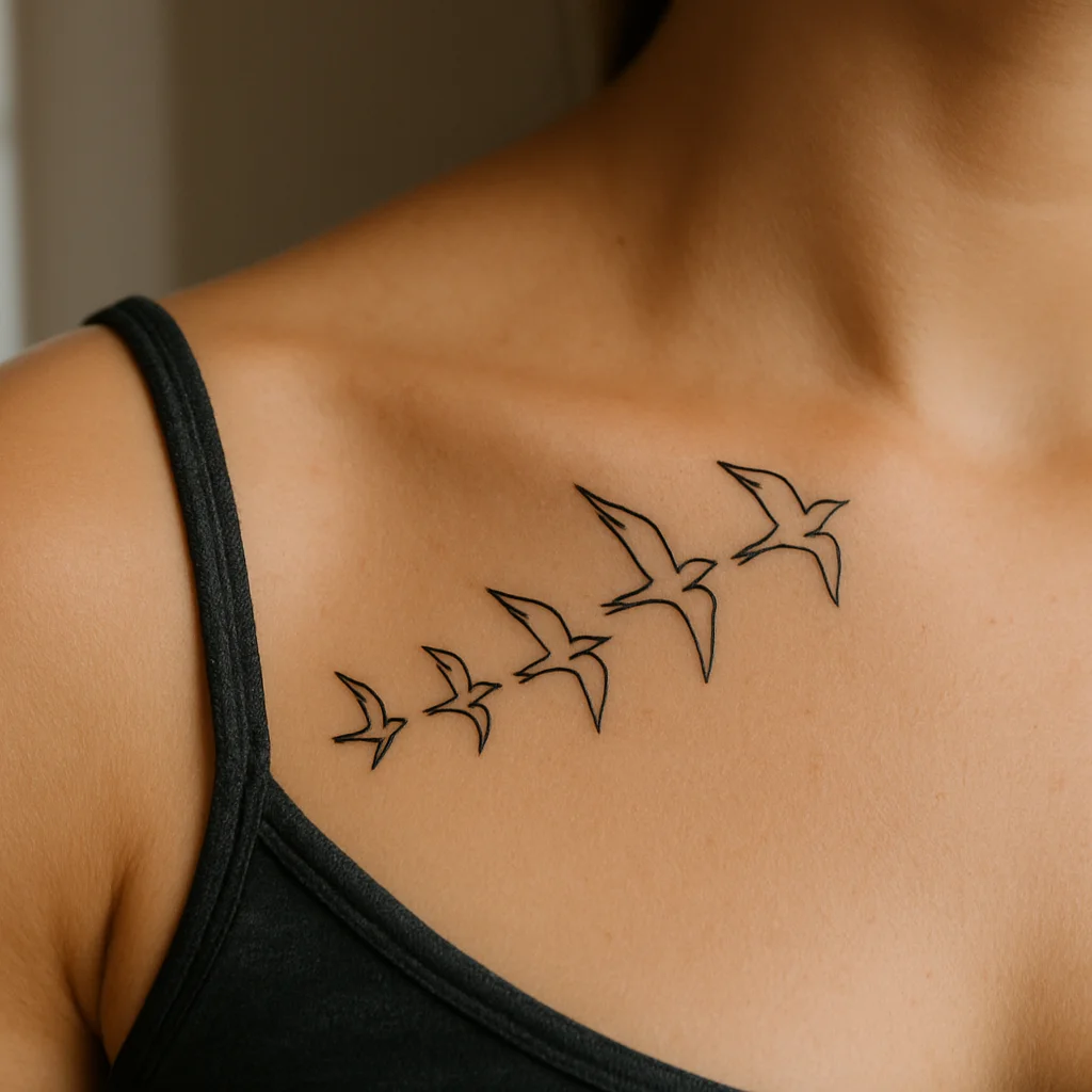 Minimalist flock of small birds rising from the collarbone over the shoulder