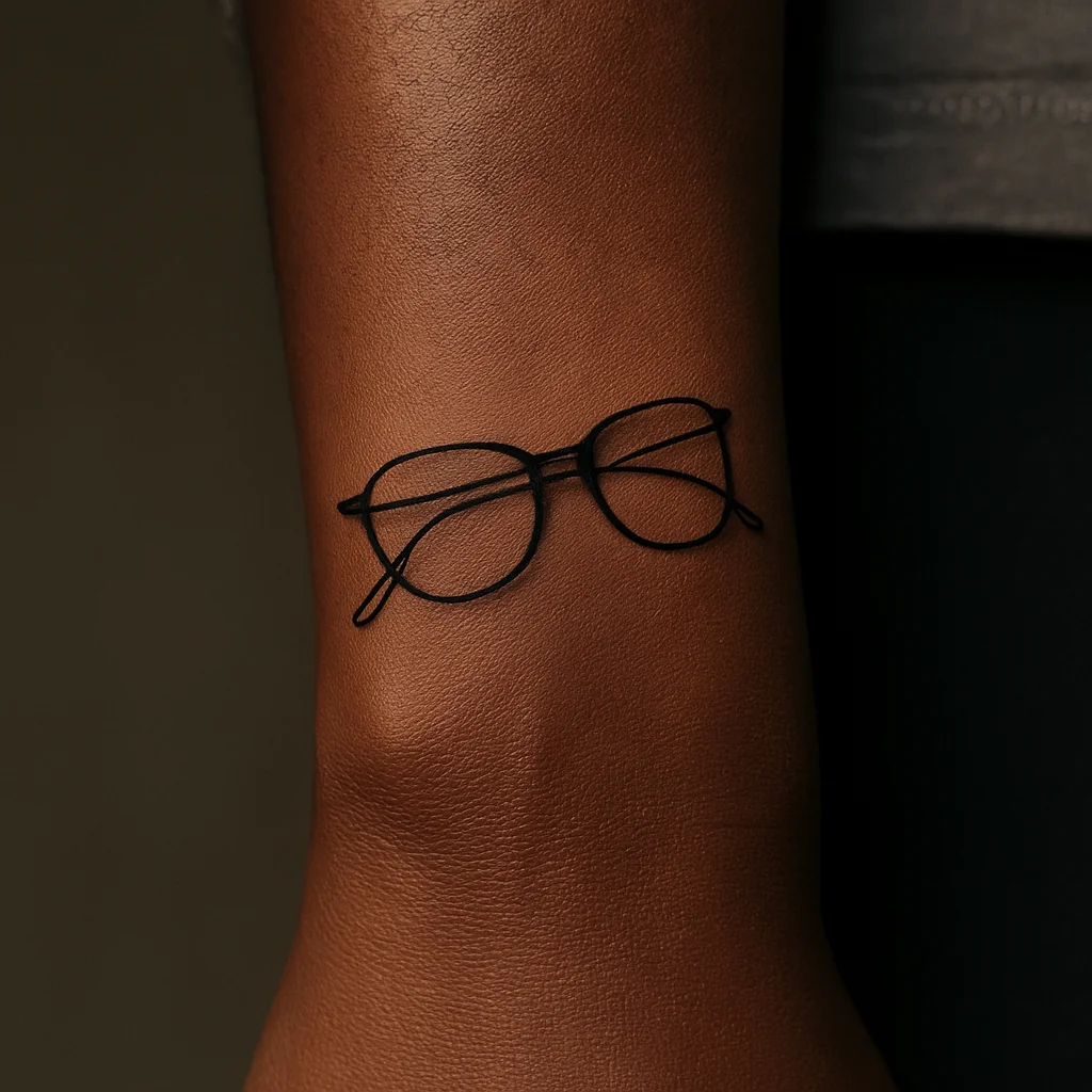 Minimalist folded reading glasses tattoo on the inner wrist