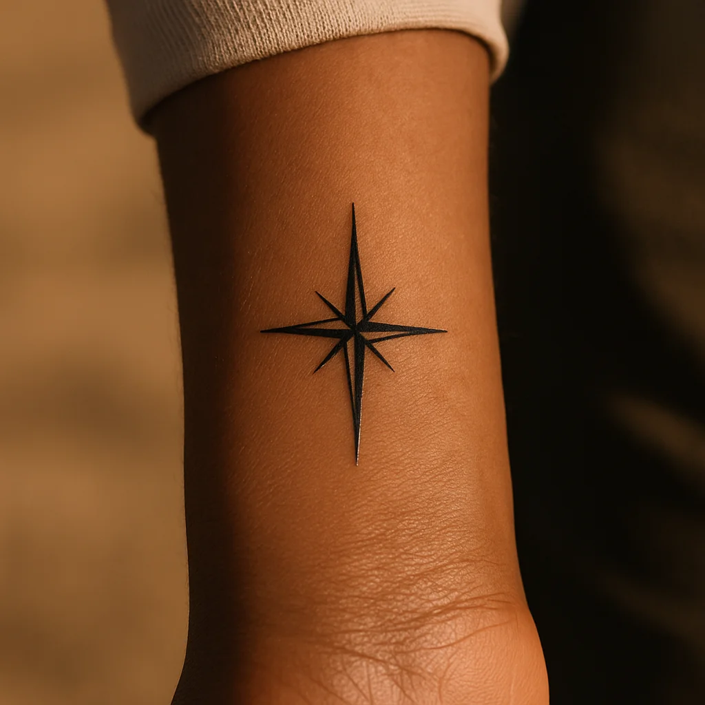 Minimalist four-point compass rose tattoo the size of a thumbprint on the inner wrist