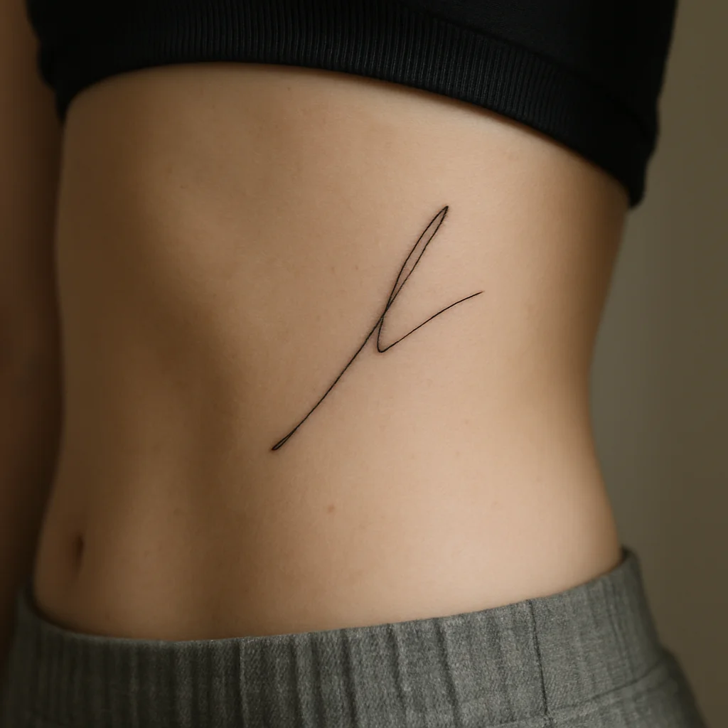 Minimalist handwritten single word tattoo angled along the ribs