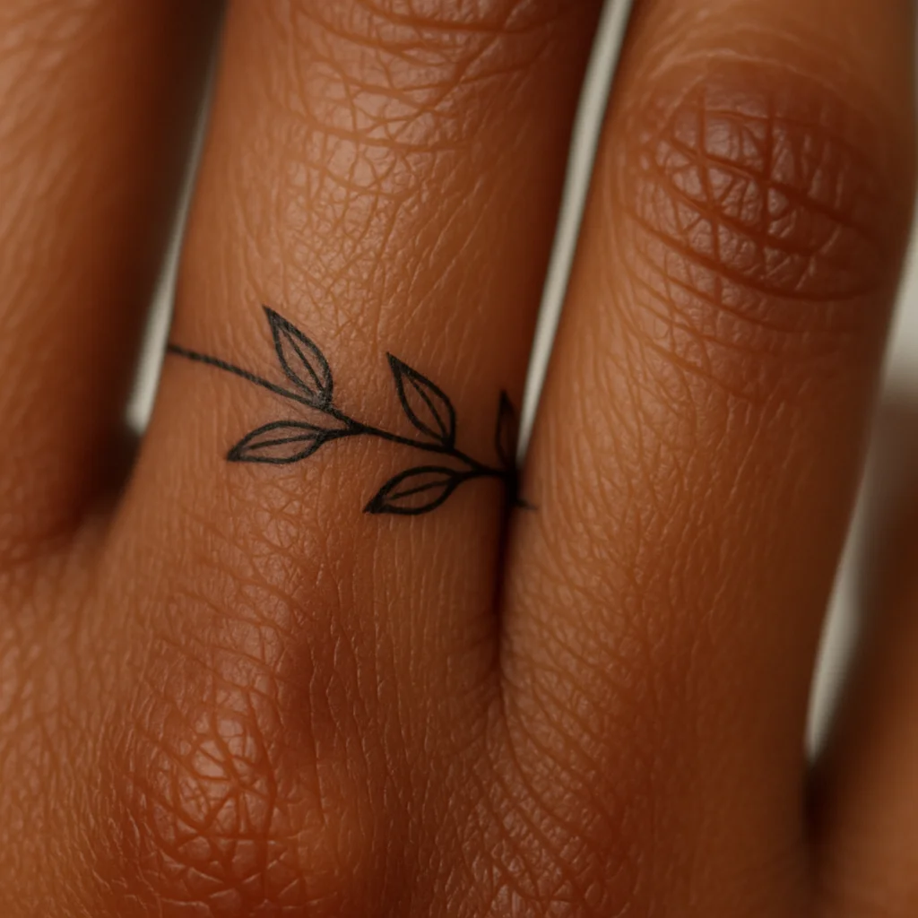 Minimalist leaf band ring tattoo with tiny leaves circling a finger
