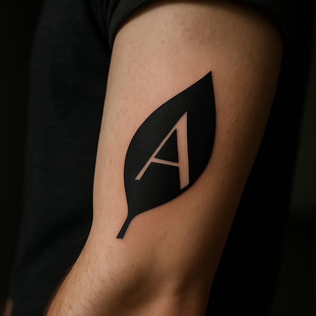 Minimalist leaf tattoo with a hidden initial in negative space on the inner forearm