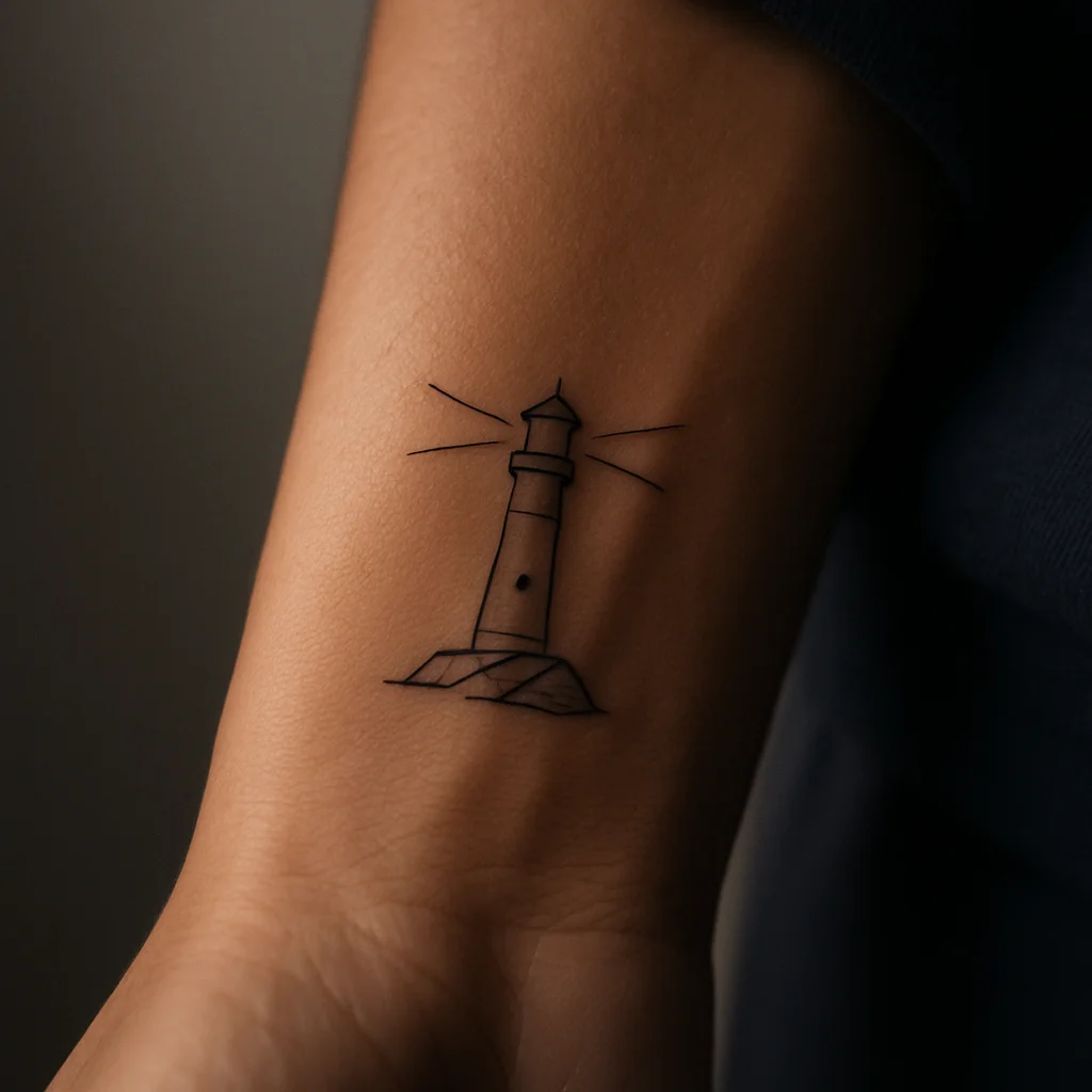 Minimalist lighthouse tattoo with beam lines on the side of a man's wrist