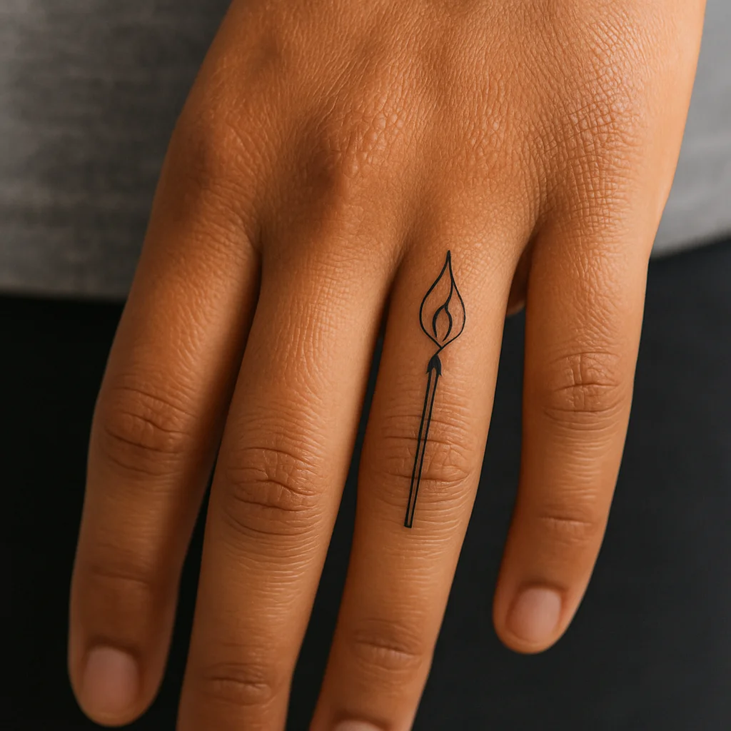 Minimalist matchstick with flame tattooed on the inner side of a finger