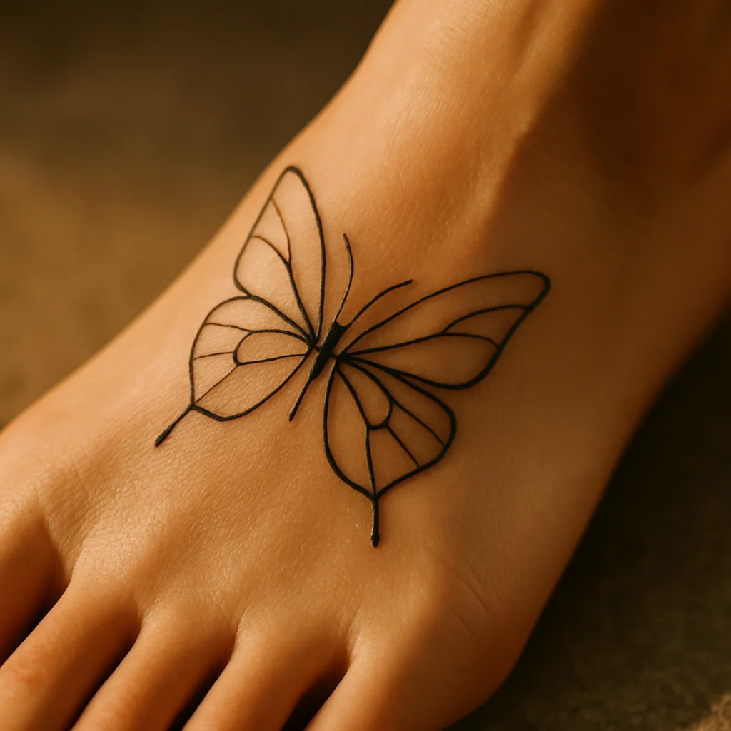 Minimalist mirrored butterflies tattoo with open linework on the top of the foot