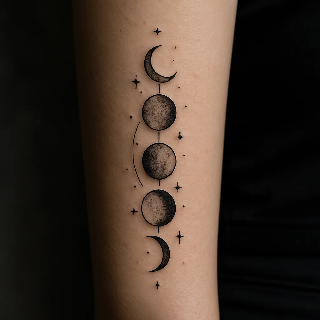 Minimalist moon phase column with scattered stars running down the outer forearm