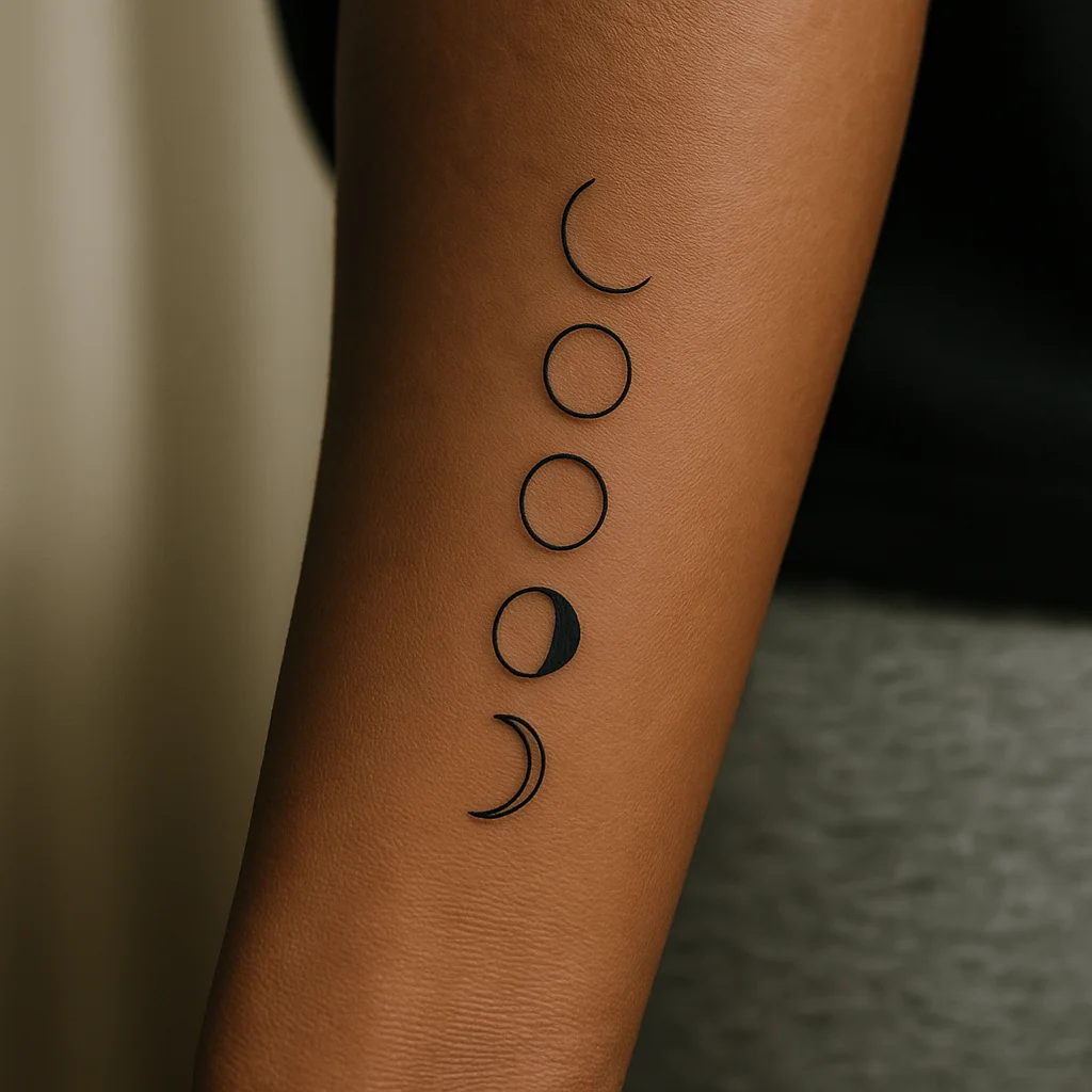 Minimalist moon phase tattoo running up the inner wrist toward the forearm