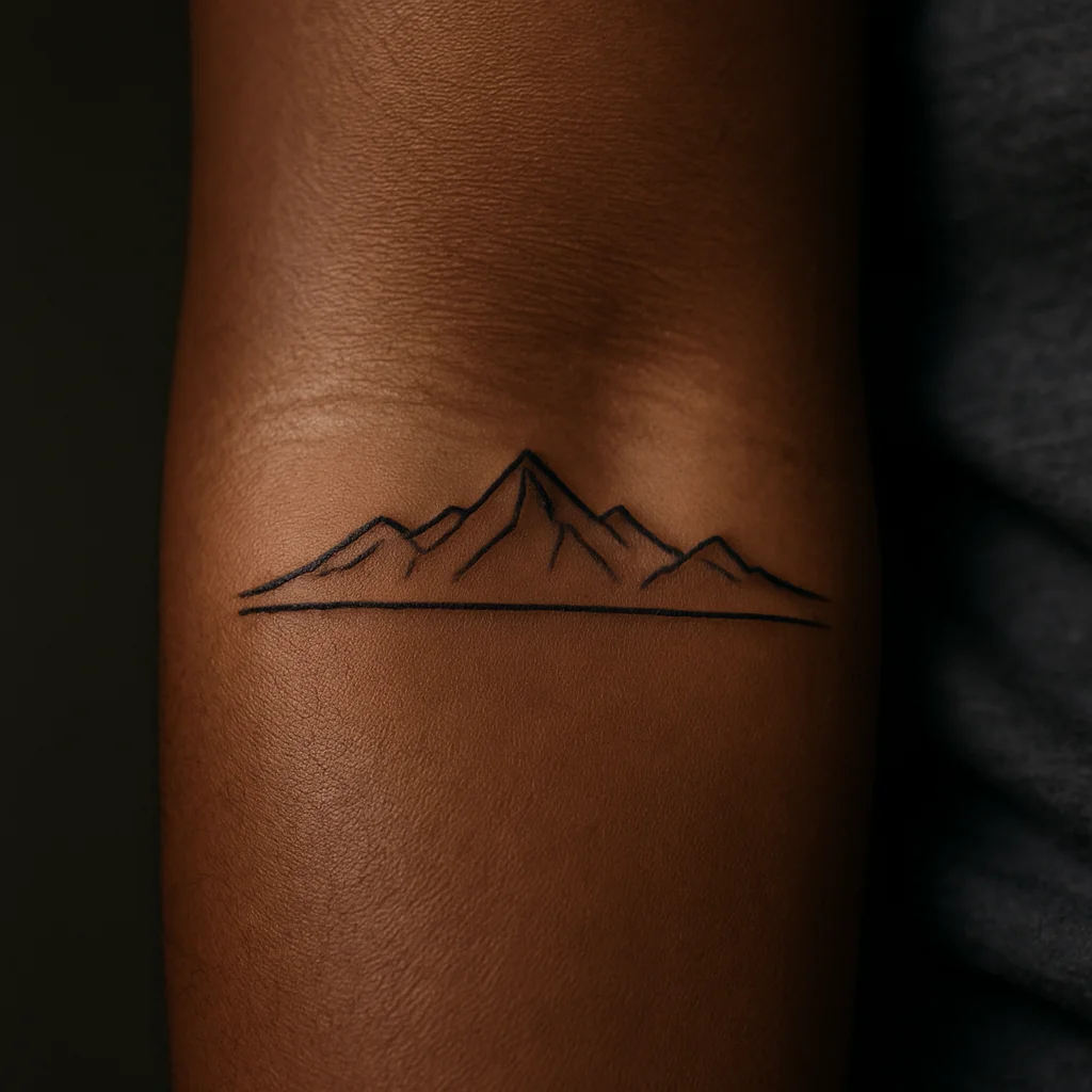 Minimalist mountain silhouette with horizon line tattoo below the elbow on the inner forearm