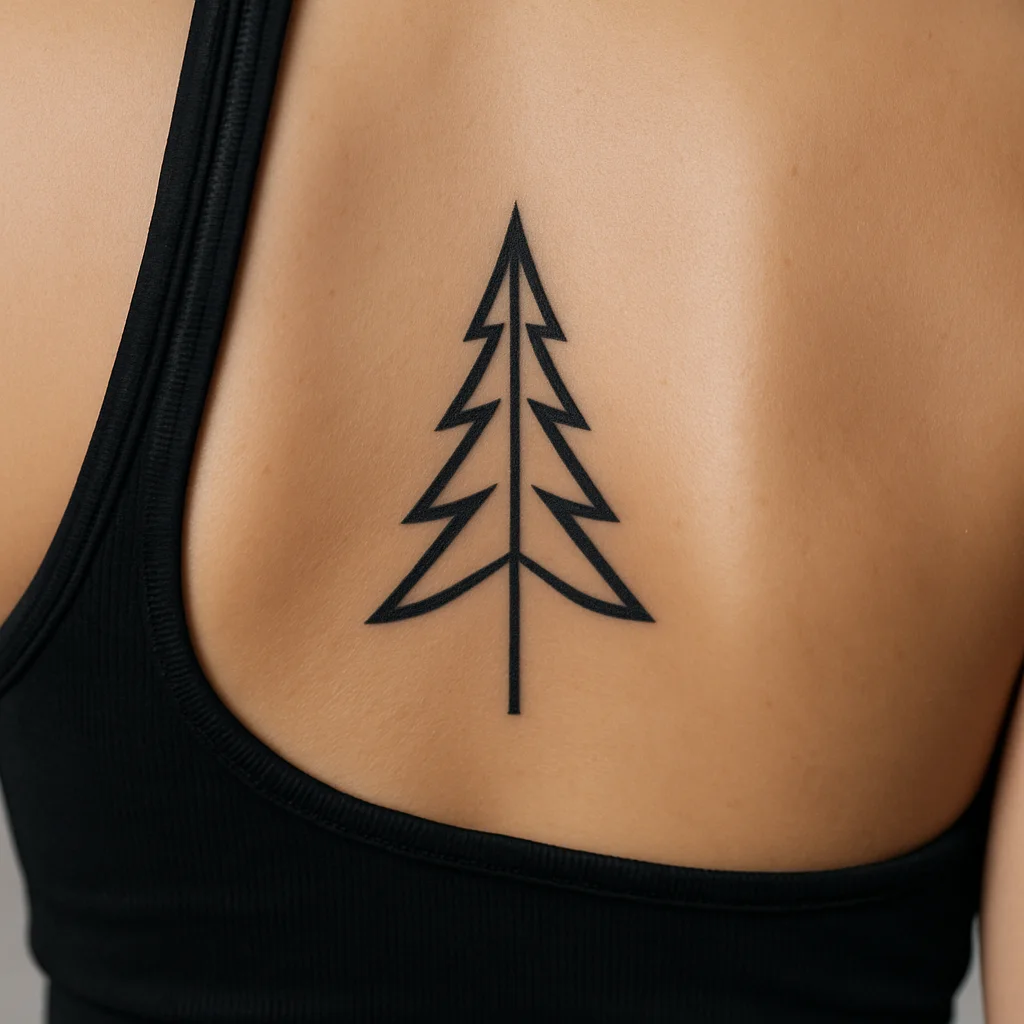 Minimalist notched triangle pine tree tattooed along the spine
