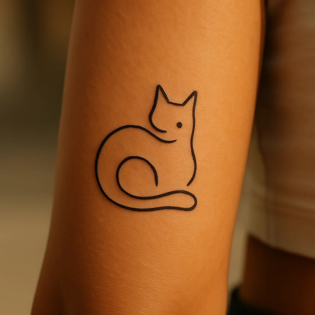 Minimalist one-line curled sleeping cat tattooed on the outer forearm