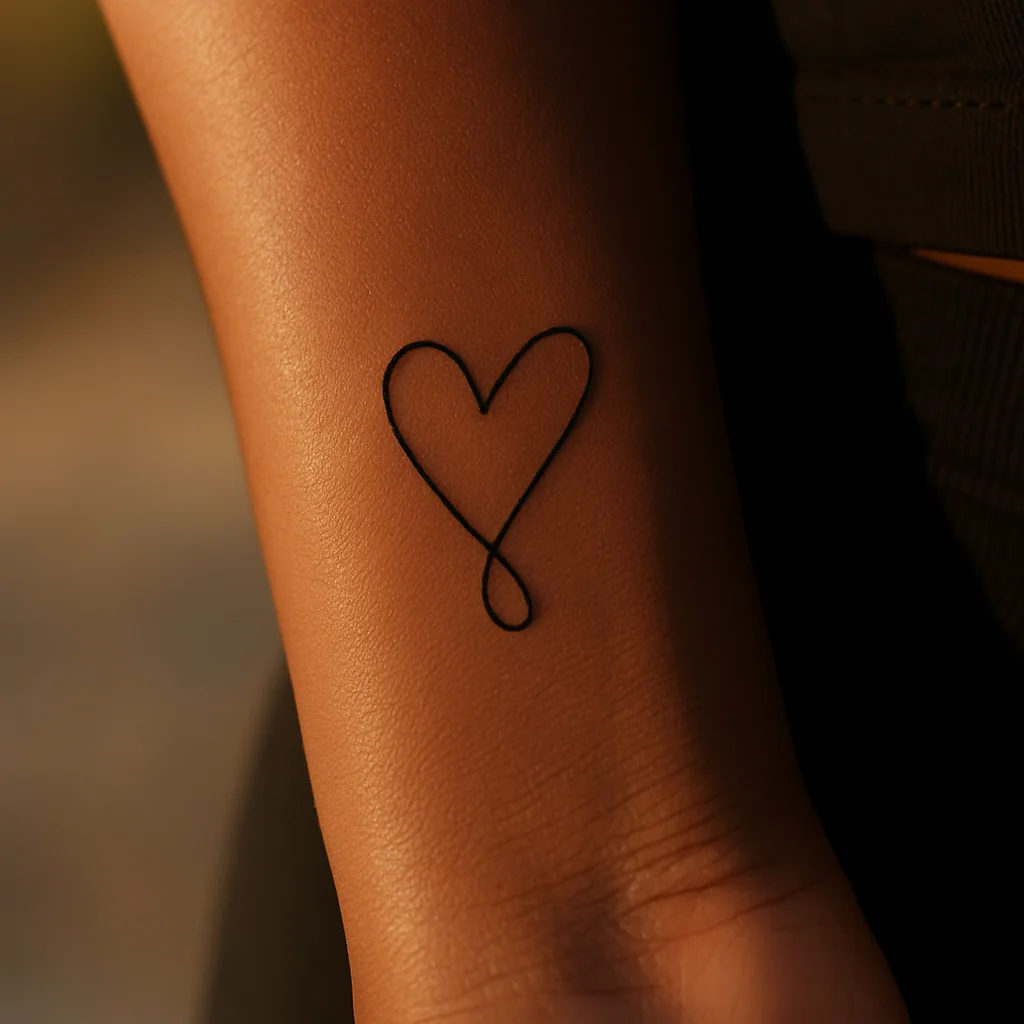 Minimalist one-line heart with a crossing tail on the side of the wrist