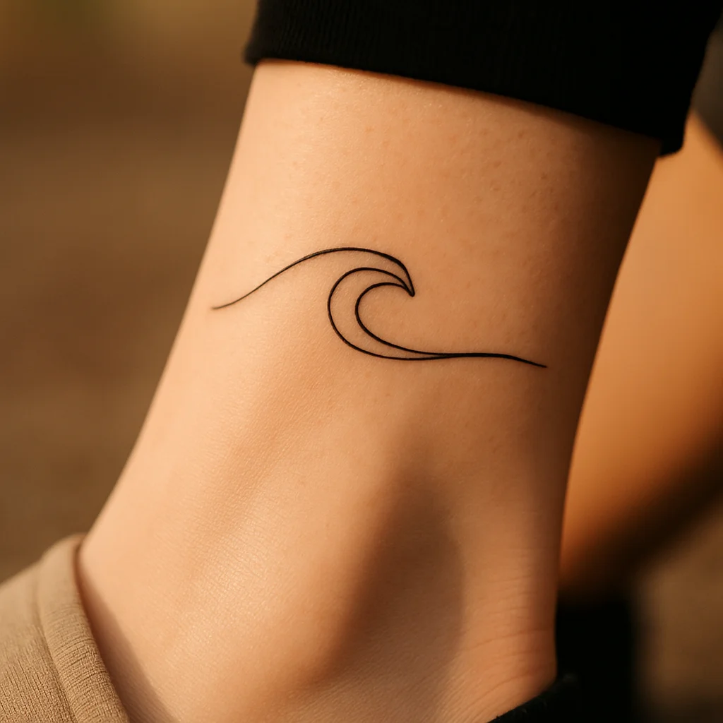 Minimalist one-line wave with curling crest wrapping the ankle