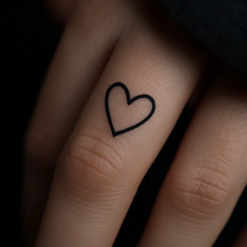 Minimalist open heart outline tattooed on an index finger segment