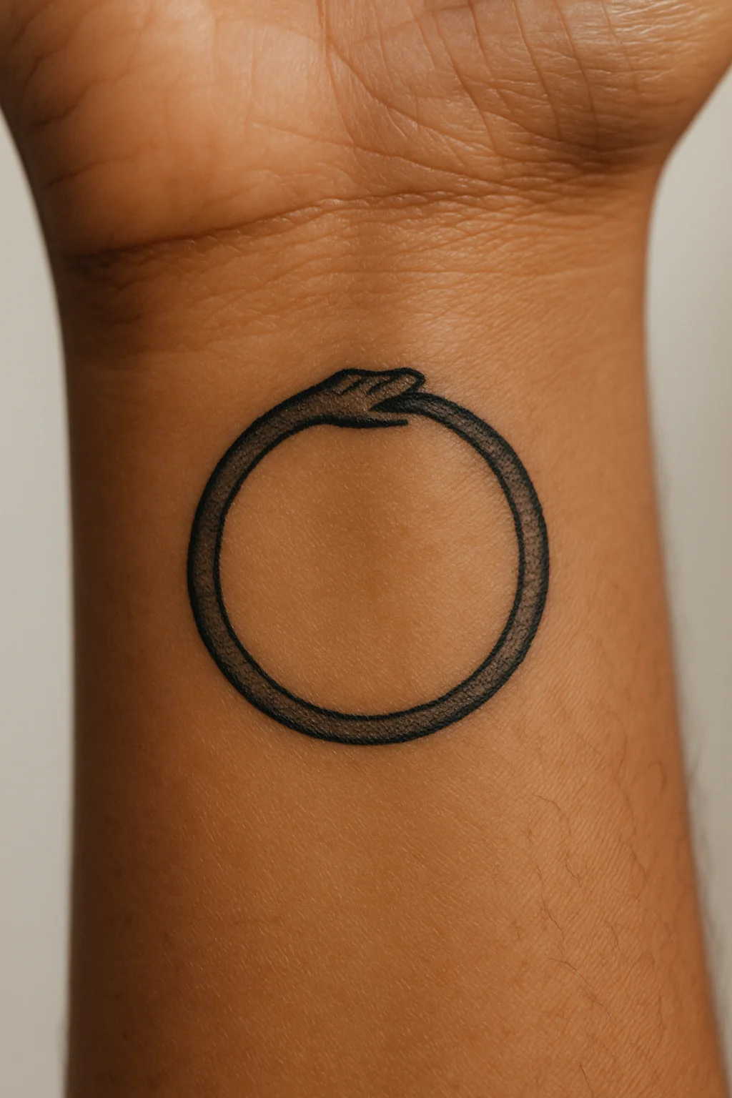 Minimalist ouroboros snake eating its own tail circling the inner wrist