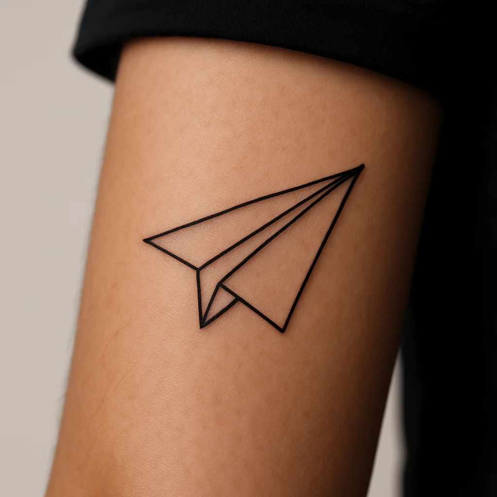 Minimalist paper airplane with a single fold line tattooed on the outer forearm