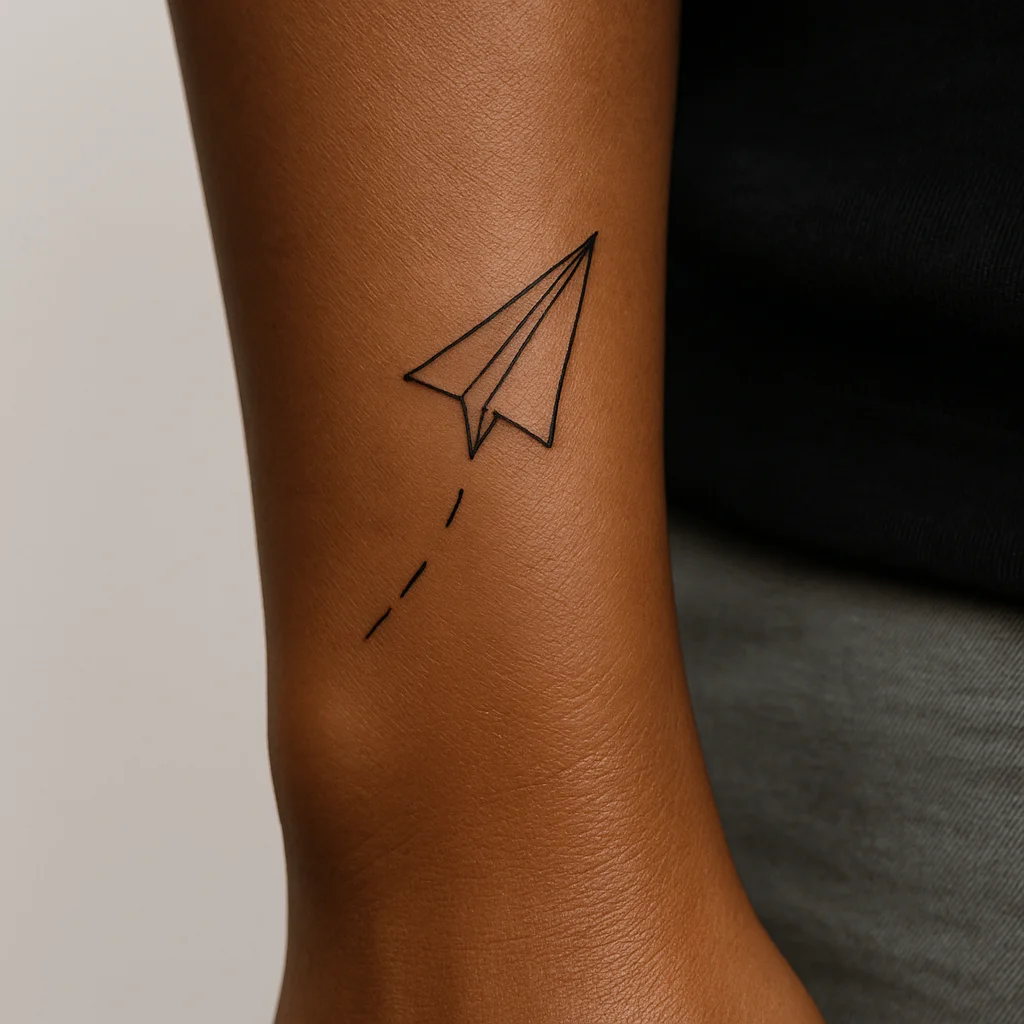 Minimalist paper plane and dotted trail tattoo on the side of the wrist