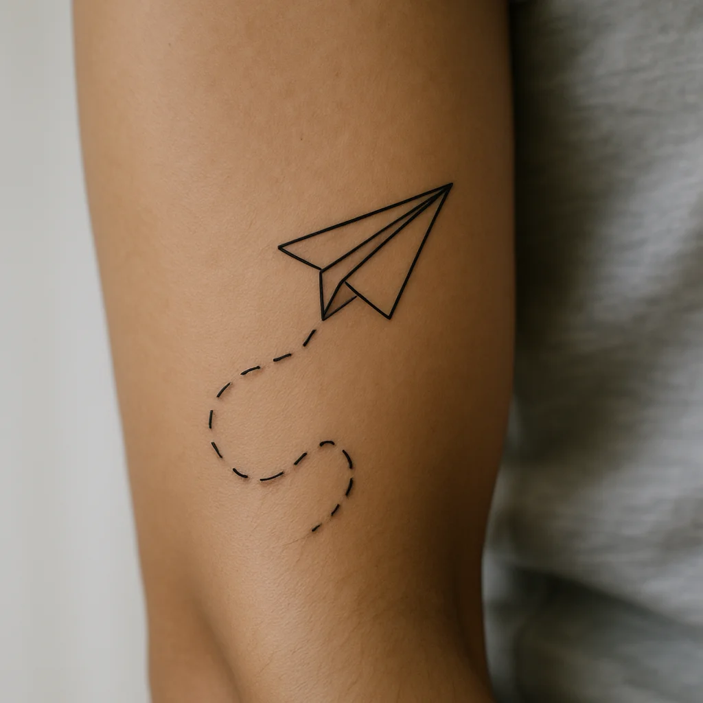 Minimalist paper plane with a dashed flight path on a man's inner forearm