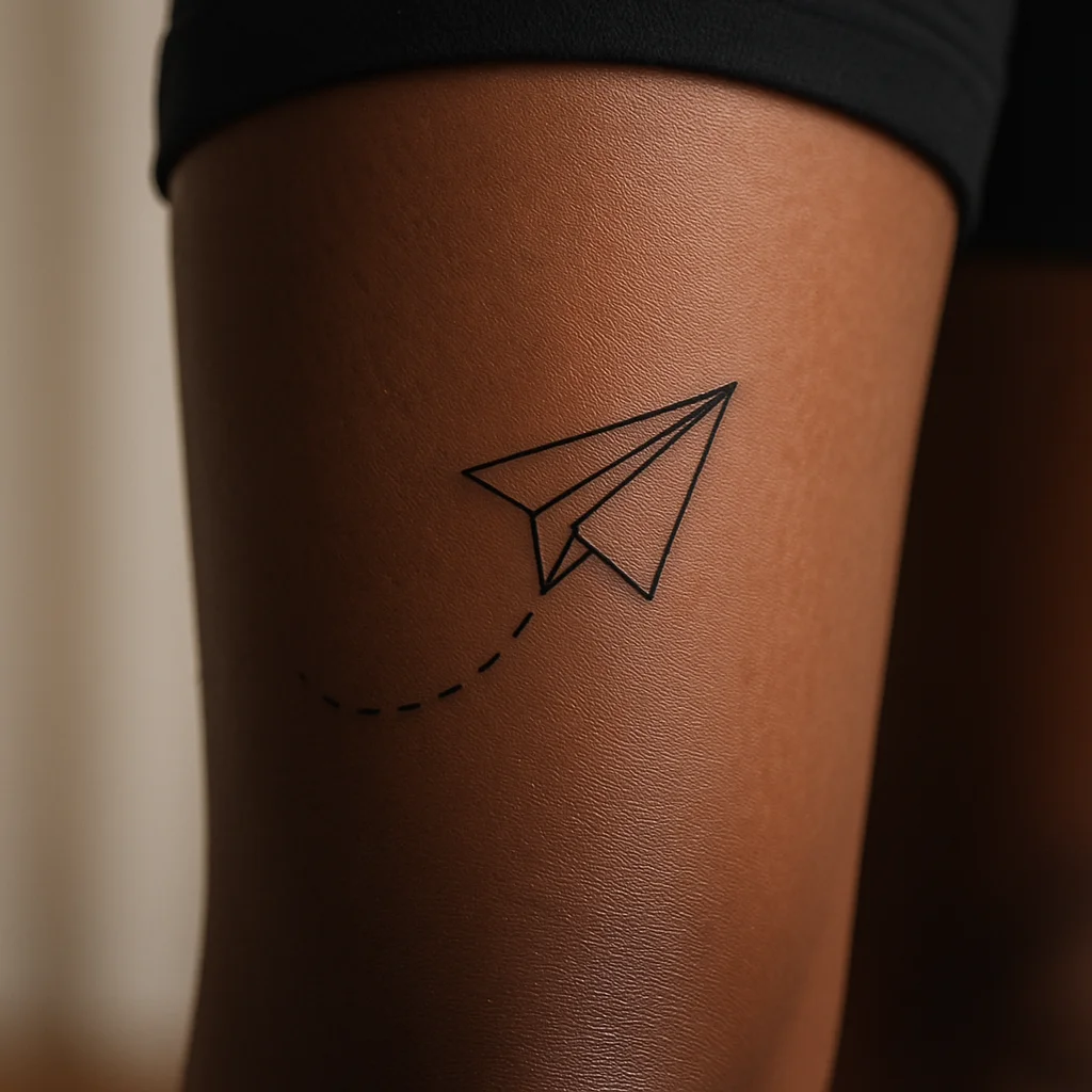 Minimalist paper plane with dotted flight path tattooed on a man's lower calf