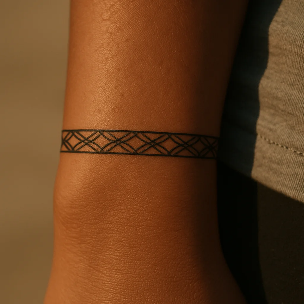 Minimalist repeating micro-motif band tattoo along the side of the wrist