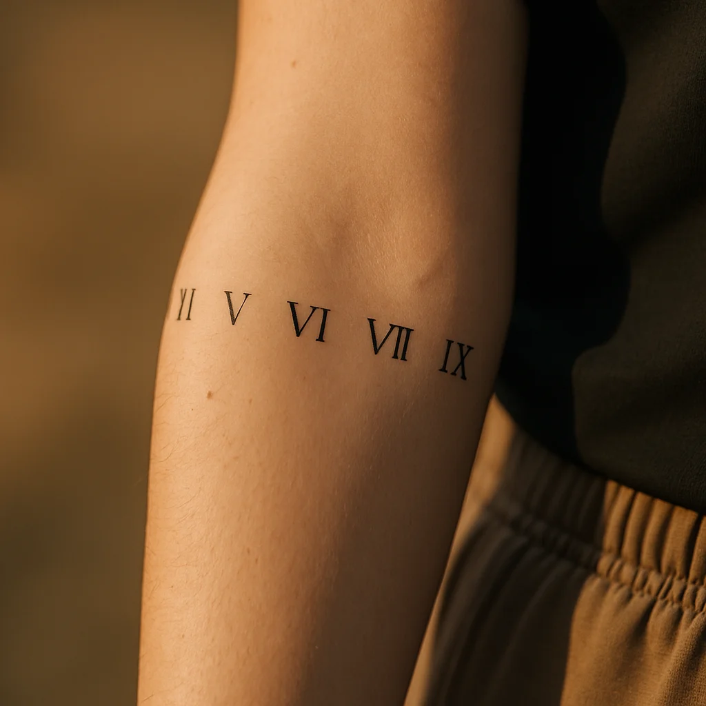 Minimalist Roman numeral date band wrapping a man's forearm