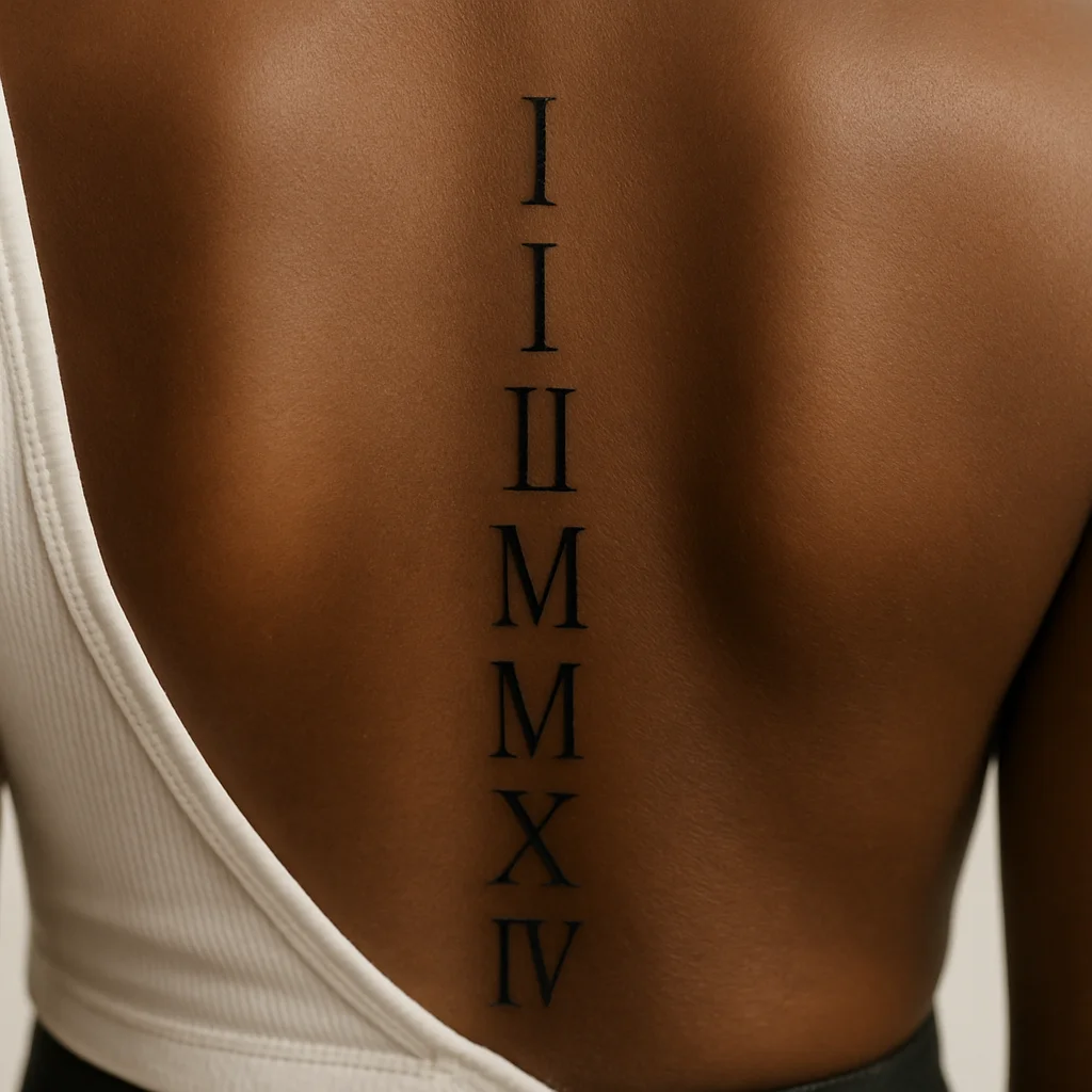 Minimalist Roman numeral date tattoo stacked vertically down the spine