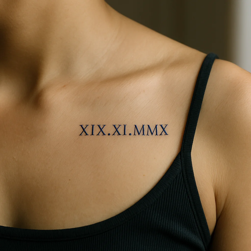 Minimalist Roman numeral date tattoo under the collarbone