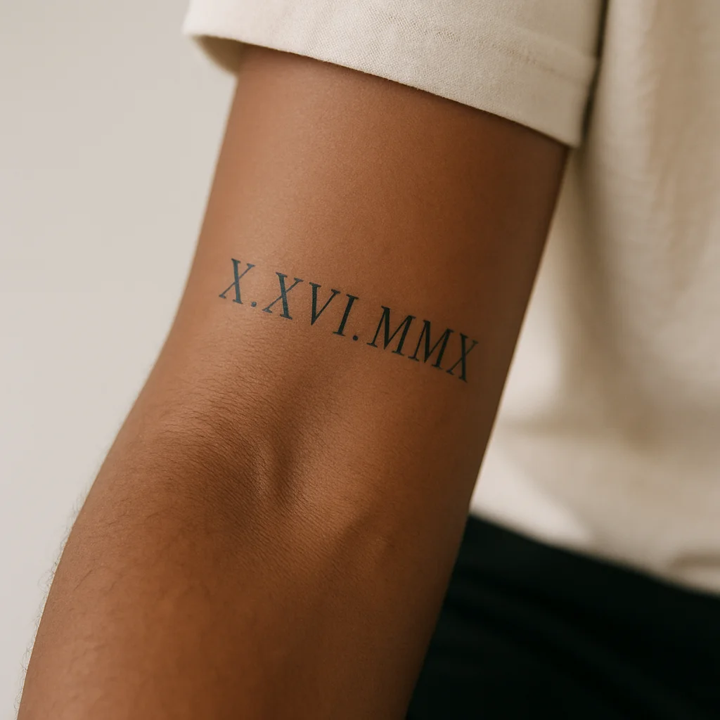 Minimalist Roman numeral date tattooed horizontally across the inner forearm