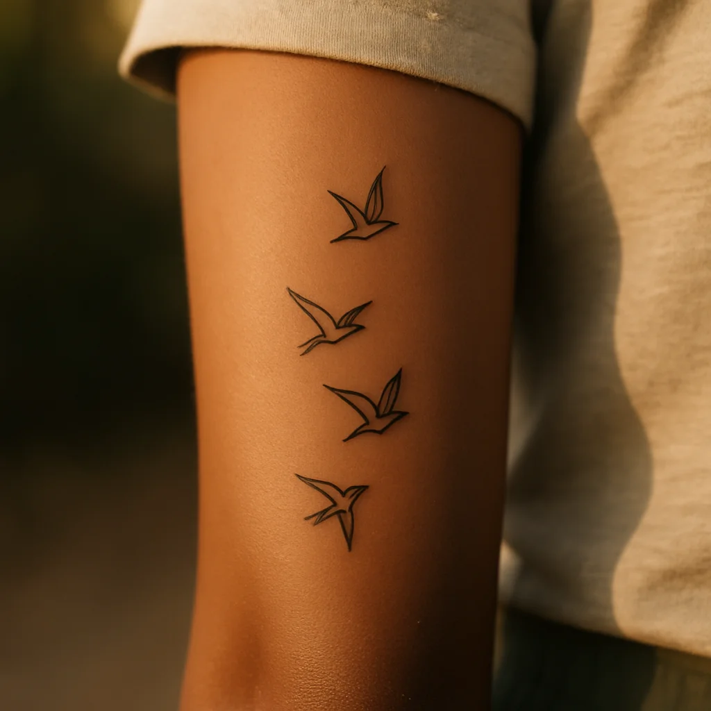 Minimalist row of small birds in flight crossing the inner forearm