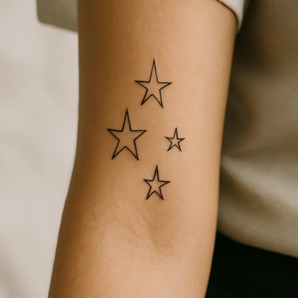 Minimalist scattered star cluster of varied sizes on the lower inner forearm