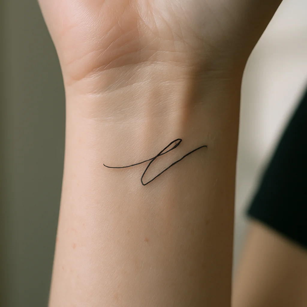 Minimalist script tattoo with skin flaking at the edges on day four on the inner wrist