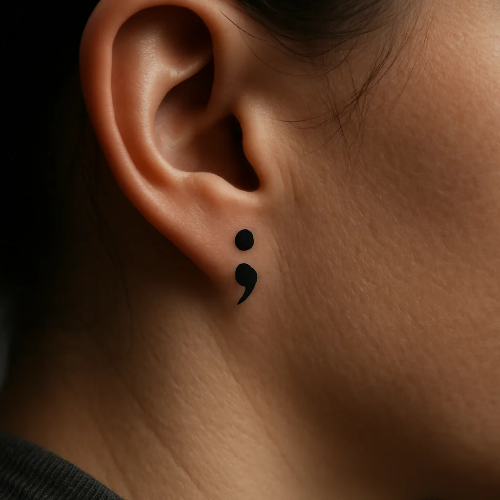 Minimalist semicolon tattoo just behind the earlobe