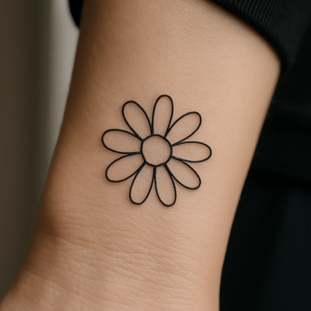 Minimalist seven-petal daisy with open centre on the inner wrist