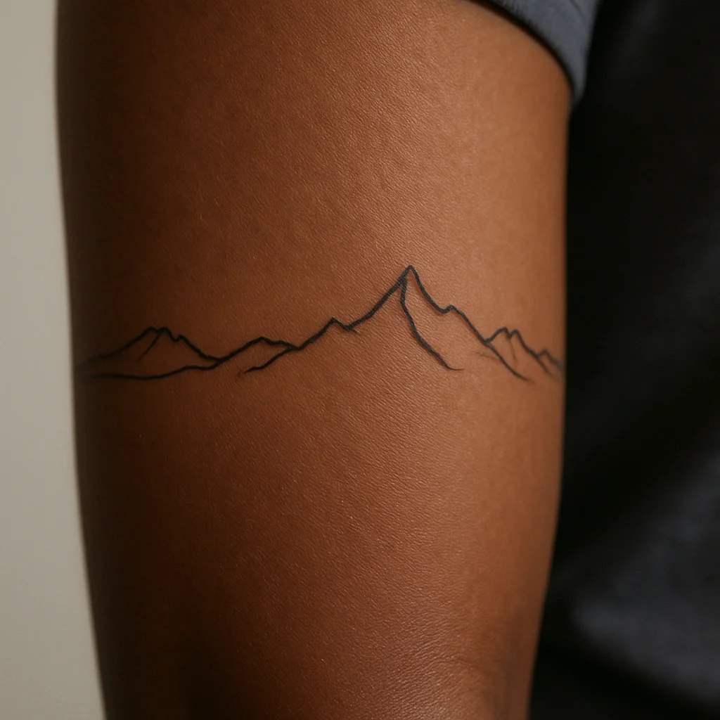 Minimalist single continuous line mountain ridge skyline on the outer forearm