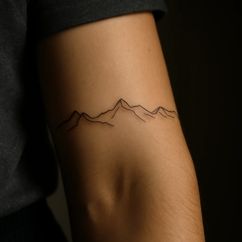 Minimalist single continuous line mountain ridge skyline tattoo on the inner forearm, no sun or frame