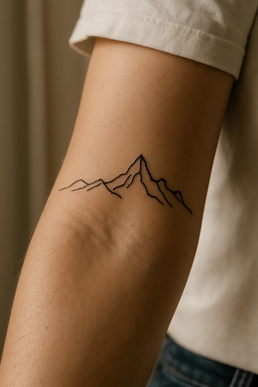 Minimalist single continuous line mountain ridge tattoo along the outer forearm
