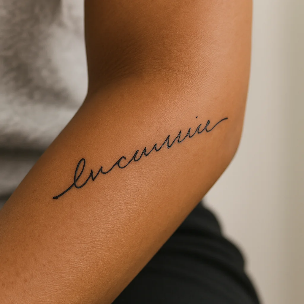 Minimalist single-line handwriting script tattoo along the inner forearm axis