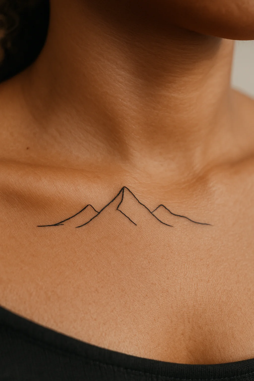 Minimalist single-line mountain range tattoo along the collarbone