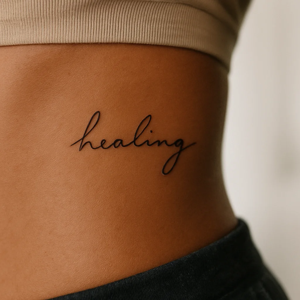 Minimalist single-line script tattoo on the side of the ribcage healing openly after second skin removal