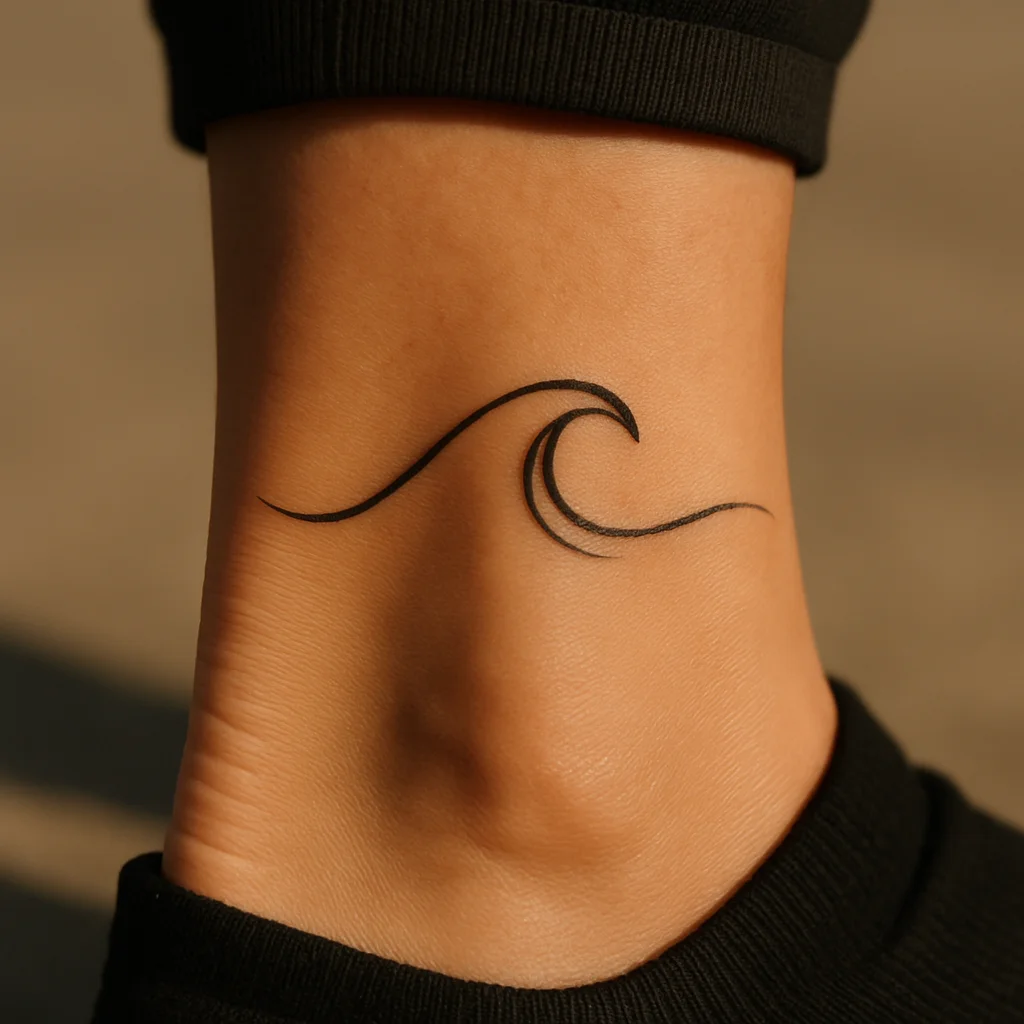 Minimalist single-line wave tattoo wrapping the Achilles tendon