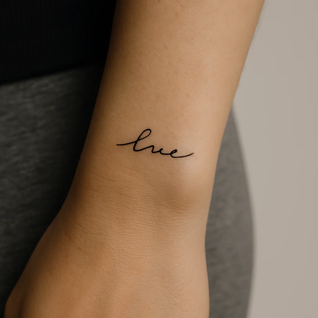 Minimalist single word in small handwritten script tattooed on the side of the wrist