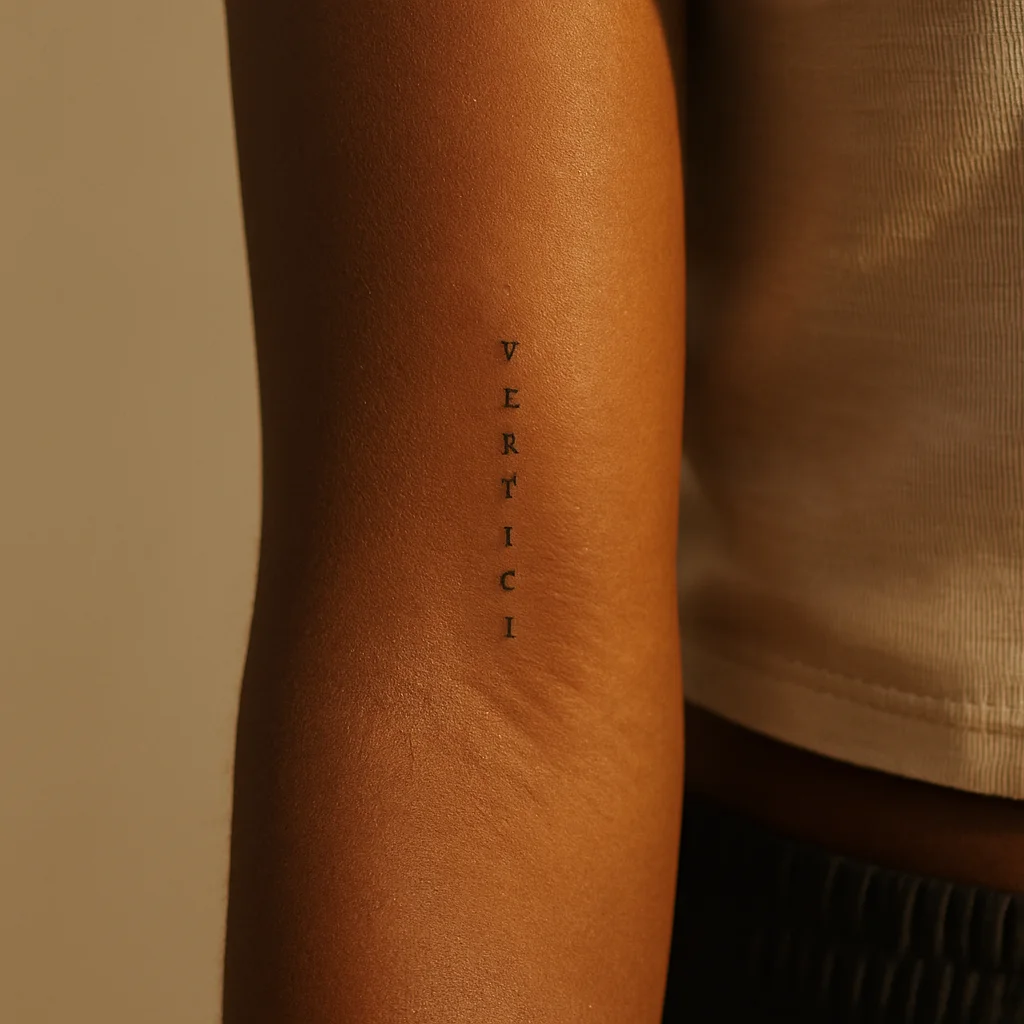 Minimalist small-caps script phrase tattooed vertically down the inner forearm